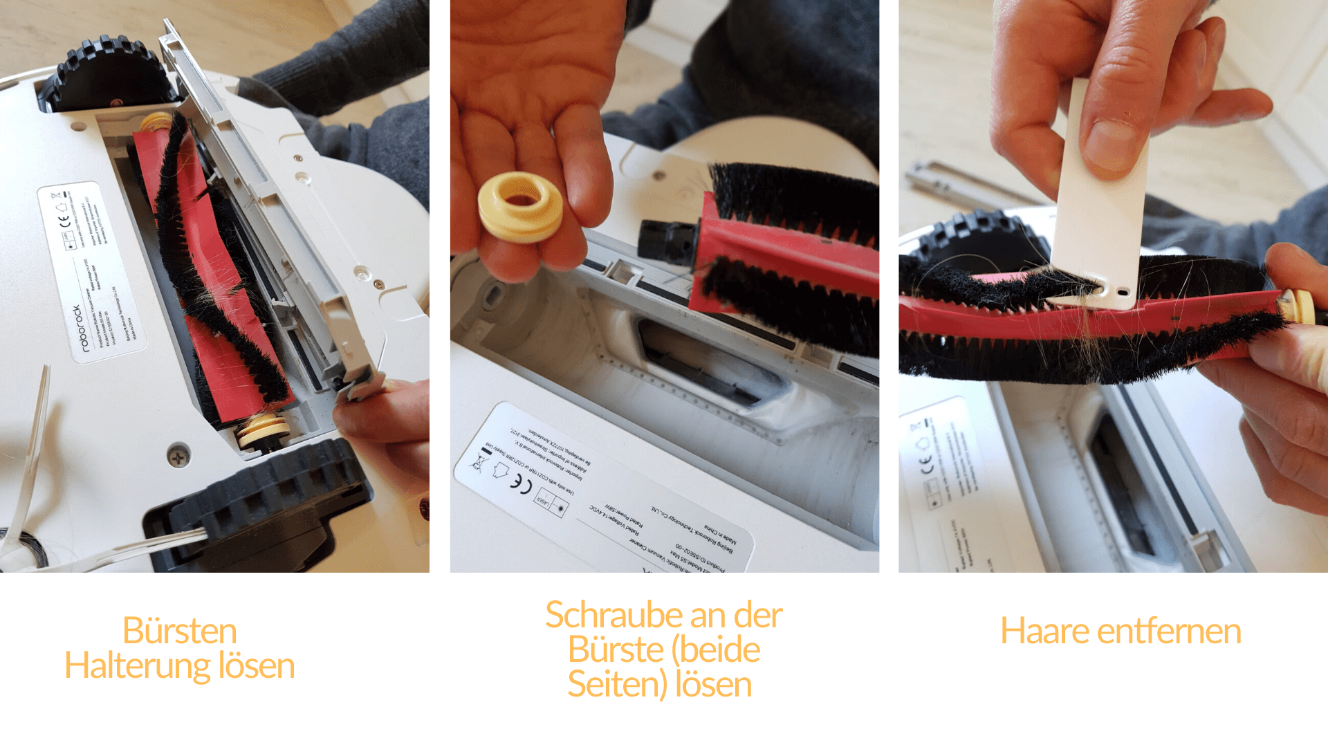 bei der auseinandergebauten Hauptbürste werden die Haare entfernt